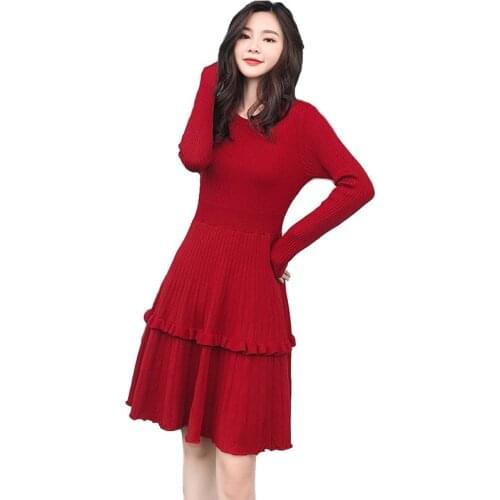 Fashion Spring Autumn Women Knit Dress 2019 Red Long sleeve Bottoming Dresses Female Slim Pullover Sweaters Pink Knit Dress H753