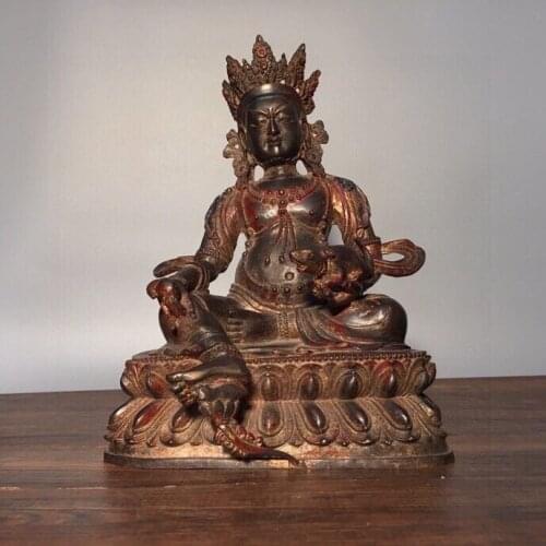 10"Tibet Buddhism Temple Old Bronze Cinnabars Yellow God of Wealth Buddha Statue Chambala Tantra Protector Enshrine the Buddha