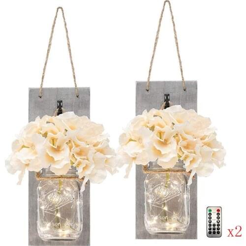 2Pcs Mason Jar Light Remote Control Mason Jar Decor Rustic Wall Sconces Light Hydrangea Flowers LED Strip Lights Mason Jar Light