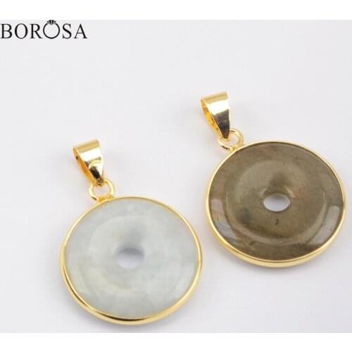 BOROSA 5/10Pcs Hollow Round Labradorite Chalcedony Necklace Pendant Retro Natural Gems Charms for Women Jewelry Gifts WX1522