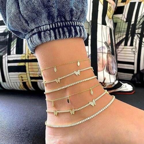 2020 summer New arrived minimal tennis chain bling sparking cz butterfly charm anklet for women charm fashion party jewelry gift