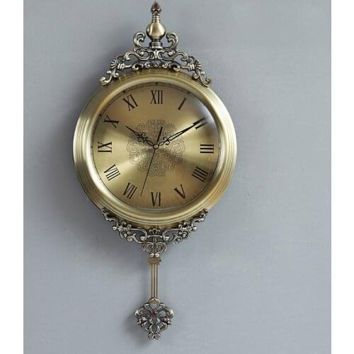 European Vintage Luxury Wall Clock Large Pendulum Living Room Creative Clock Wall Metal Retro American Art Wall Watch AB50ZB