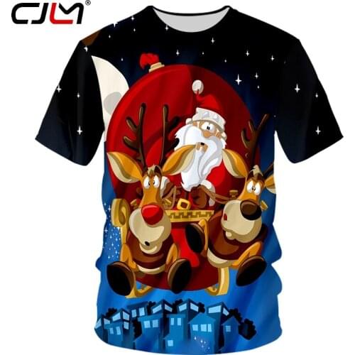 CJLM Mens Christmas Moon Pattern T Shirt 3D Printed Lovely Santa Claus And Elk Clothing Man Casual O Neck Tshirt