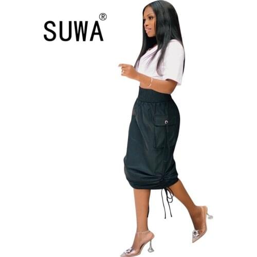 Hot Recommend Korean Style All Black High Waist Side Lace-Up Drawstring Skirts Elegant Work Wear Hop Hip Dress Streetwear
