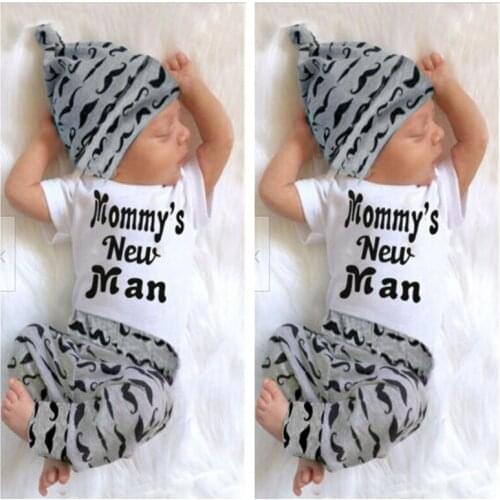 Cute 3PCS Set Newborn Baby Boy Clothes Lovely Mommys New Man Mustache Print Bodysuit Tops Long Pants Hat Outfits baby clothes