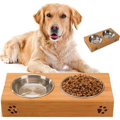 High Quality Cat Dog Feeders Bowls Bamboo Tableware Stainless Steel Pet Food Water Bowl Anti Skid Dog Bowls Pet Supplies