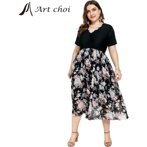 Summer Women Long Floral Elegant Chiffon Dress Party Female Boho Beach Splice Skirt Elastic Ladies Work Office Vestido Plus size