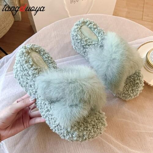 Fashion Fur Home Slippers Woman Platform Plush Indoor Fashionable Furry Shoes Fuzzy Adjustable Buckle Fluffy Winter Slippers