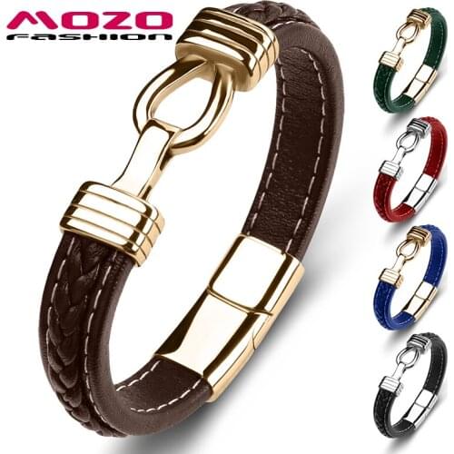 MOZO FASHION New Punk Men Bracelets Genuine Leather Stainless Steel Charm Women High Quality Wholesale Jewelry Multicolor 115