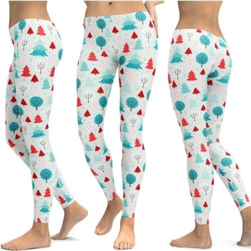 Fashion Women Small Tree Print Yoga Pant High Waist Stretch Tight Leggings Casual White Trousers Strethcy Fitness Christmas Pant