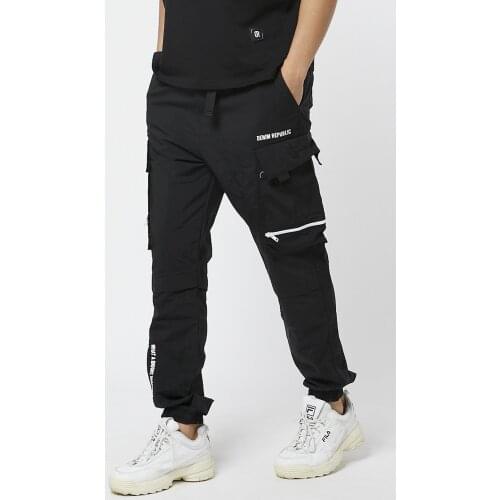 Mens Black Nylon Cargo Pants Elastic Skinny Leg