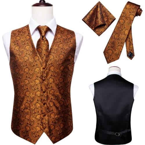 Hi-Tie Mens Suit Vest Set New Design Orange Gold Paisley Silk Dress Vest Set For Men Jacquard Waistcoat for Wedding Jacket