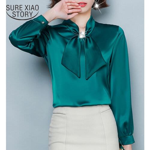 2020 Fall Bow Silk Clothes Office Lady Korean Fashion Clothing Solid Loose Long Sleeve Women Tops and Blouses Blusas Mujer 8493