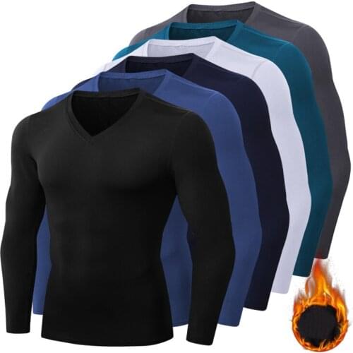 New Men Quick Dry Compression Tight v-Neck Sport Shirts Fitness Gym Shirt Elastic Running Top Velvet Training t-Shirt Activewear