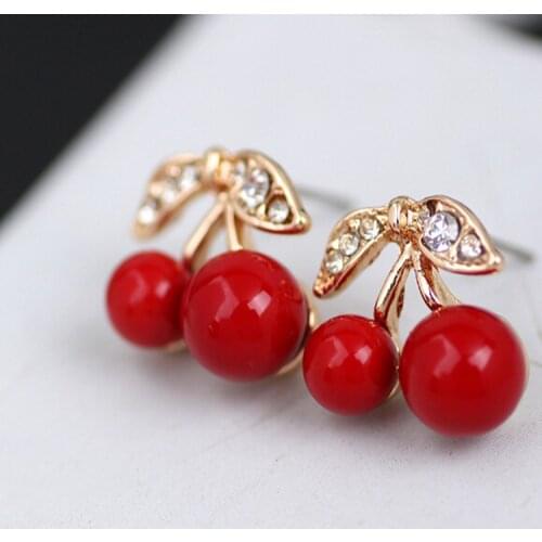 New Product Launch Fashion Korean Cute Red Cherry Leaf Beads Rhinestone Lovely Ear Stud Earrings Jewelry Earrings For Women Gift