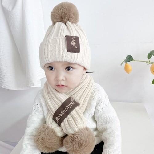 Autumn and winter childrens hat scarf set warm simple woolen cap boys and girls knitted hat two-piece baby hat