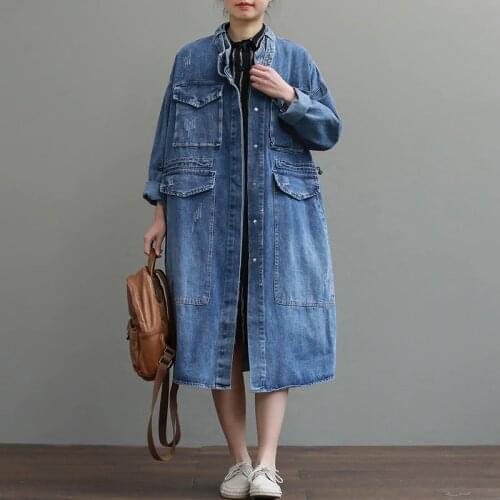 Korean Fashion Denim Trench Coat for Women 2020 Spring Autumn Single-breasted Long Sleeve Loose Big pocket Female Outerwear Z570