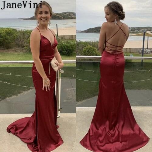 JaneVini Spaghetti Straps Burgundy Mermaid Prom Dress V-Neck Silk Satin Ladies Evening Party Dress Sexy Backless Gown Galajurken