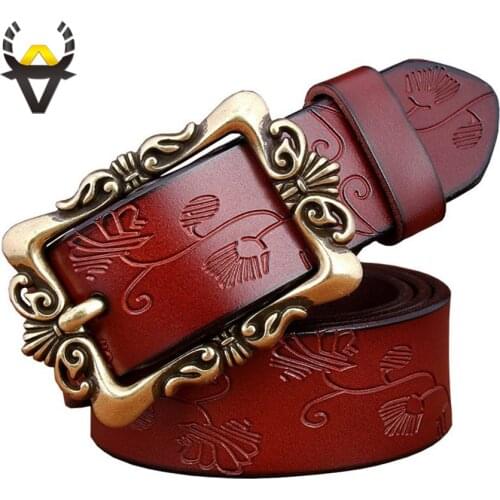 Genuine leather belts for women Fashion wide vintage floral Pin buckle High quality second layer cow skin strap female for jeans