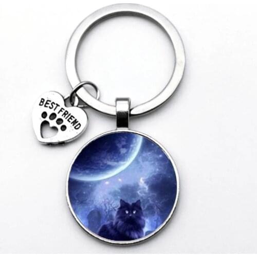Blue Key Ring Cute Shabby Chic Cat Glass Round Animal Keychain Men And Women Jewelry Gifts