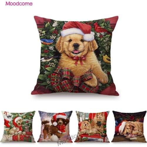 Super Cute Santa Puppy Dog Christmas Decoration Art Sofa Throw Pillow Cover Baby Children Room Xmas Art Adorable Cushion Cover