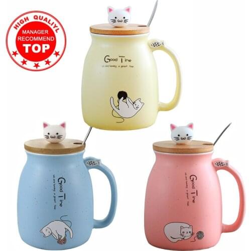 Creative color cat heat-resistant Mug cartoon with lid 450ml cup kitten coffee ceramic mugs children cup office Drinkware gift