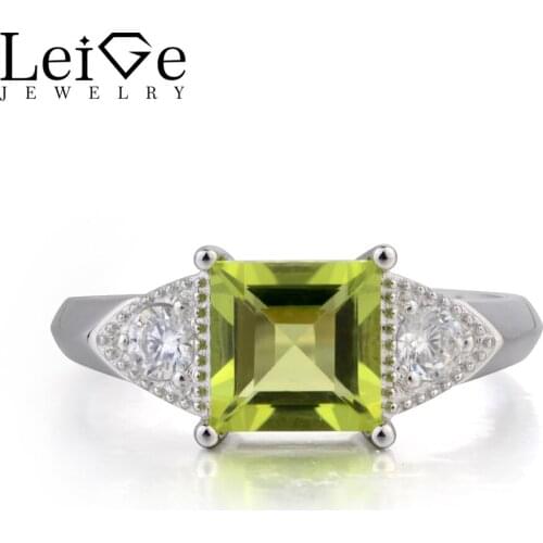 Leige Jewelry Natural Peridot Ring Engagement Ring August Birthstone Square Cut Green Gemstone 925 Sterling Silver Gifts for Her