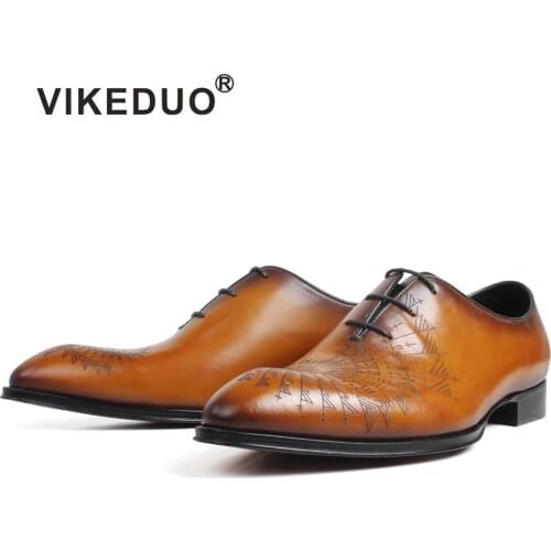 VIKEDUO Full Grain Leather Oxford Shoes For Men Special Engraving Patina Brown Custom Made Wedding Office Footwear Dress Shoes
