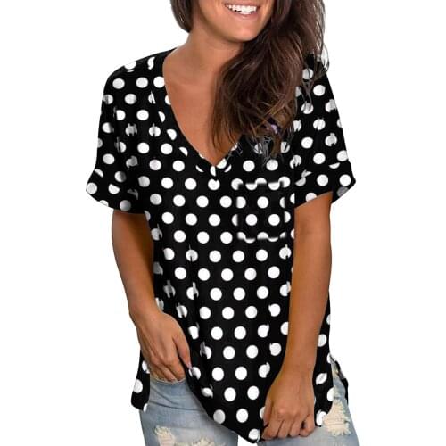 Vintage Print Blouse Womens Summer Short Sleeve V-neck Polka Dot Print Pocket Tunics Summer Loose Casual Tops Blouses
