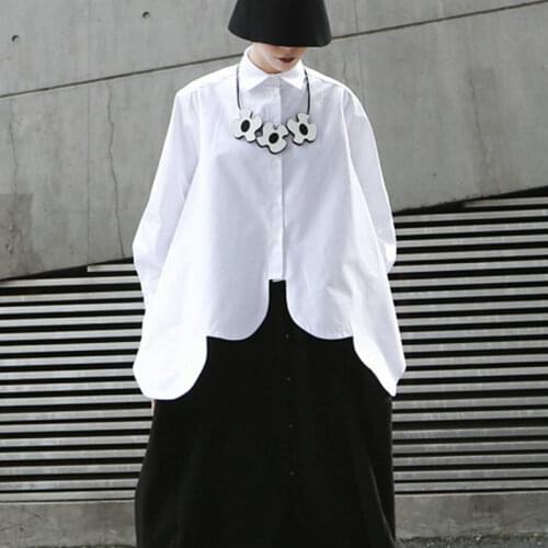 New Arrival White Blouse Women Streetwear Arc Irregularity Plus Size Loose Big Hem Autumn Female Solid Shirt with Buttons