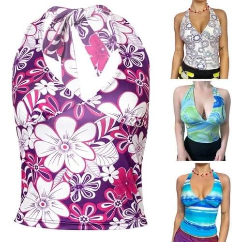 Women Summer Sexy Halter Bandage Tank Top Deep V-Neck Backless Slim Vest Boho Floral Printed Casual Sleeveless Shirts