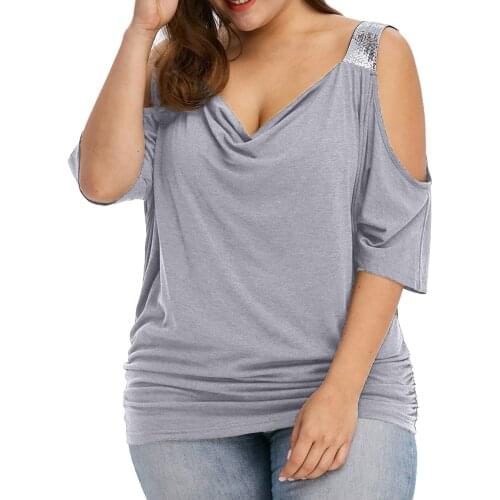 5xl Plus Size Sequined Tunic Tops For Ladies 2021 Summer Women Cold Shoulder Loose Casual Short Sleeve Shirt Tops Blouse Tops