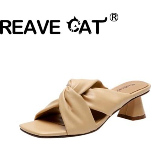 REAVE CAT 2021 New Concise Ladies Slippers Cross Wrap Solid Open Toe Slip On 4cm Spool Heel Size 33-40 Brown White Apricot A4277