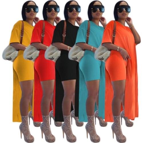 Women Plus Size Casual Solid Color Two Piece Set Side High Split Extra Long Tops Short Sleeve And High Waist Short Pant Suits
