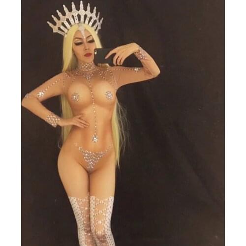 Women Sexy Stage Naked Jumpsuit for Singer Sparkling Crystals Nightclub Party Stage Wear Costume Celebrate Birthday Clothing