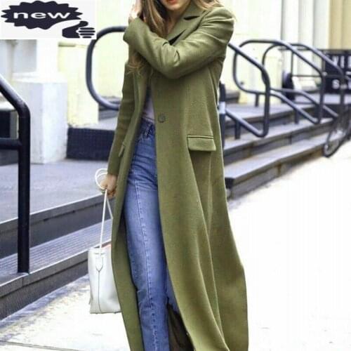 New Runway Women Super Long Woolen Coat High Street Boyfriend Suit Collar Wool Blends Overcoat Ladies Slim Fit Green Maxi Trench