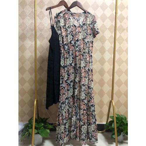 Women Dress Single-breasted Short Sleeve V Neck Long Dress