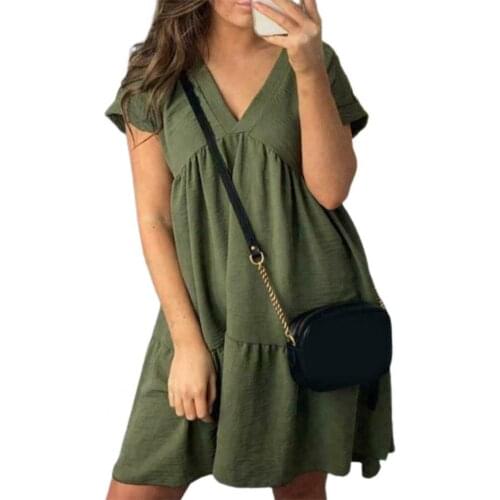 2021 New Women Dress Loose Mini Dresses V-neck Solid Color Draped Short Sleeve Ruffles Dress Casual Clothes Plus Size S-2XL
