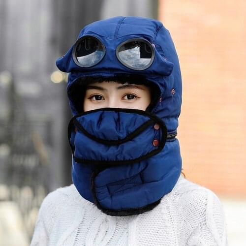 Winter Warm Hat Outdoor Men Women Riding Cap Scarf Thick Earflap Windproof Lei Feng Cap Ski Anti-fog Hiking Cotton with Glasses