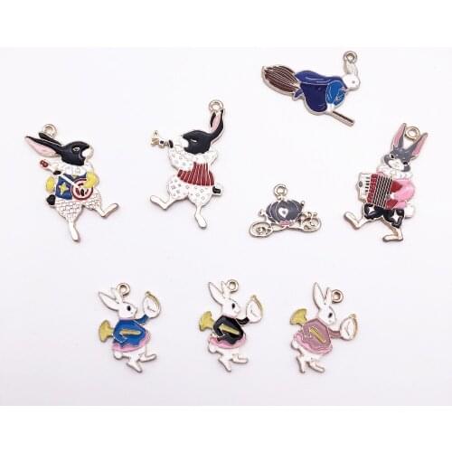 10pcs DIY Enamel Alice Rabbit horn guitar Accordion Music Band charms Golden Alloy Hanging pendants Korean Jewelry Accessories