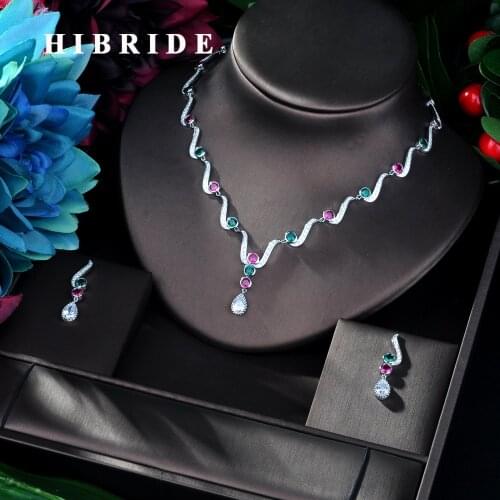 HIBRIDE Fashion New AAA Cubic Zirconia 2pc Jewelry Set Geometric Design Necklace Jewelry Set With Earring Bijoux Femme N-59