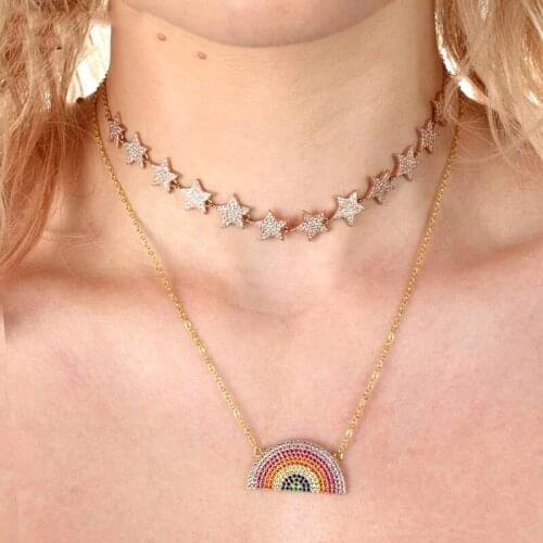 2021 Wholesale 925 sterling silver Moon Charm Necklace With Rainbow cz paved C shape Pendant Jewelry For Women Lady Wedding Gift