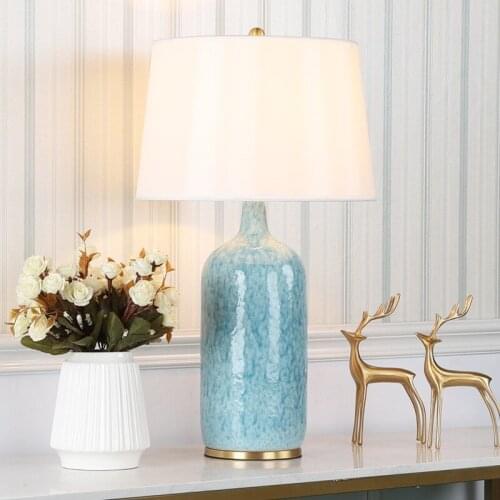 American Creative Blue Chinese Retro Sample Room Warm Ceramic Table Lamp For Bedroom Bedside Lamp Living Room Home Decoration