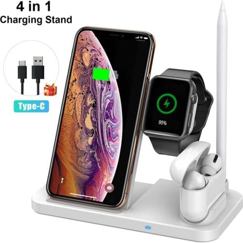 4 in 1 Qi Wireless Charger Stand 10W Fast Charging Dock Station For iPhone 12 11 XS XR X 8 Airpods Pro Apple Watch 6 5 4 3