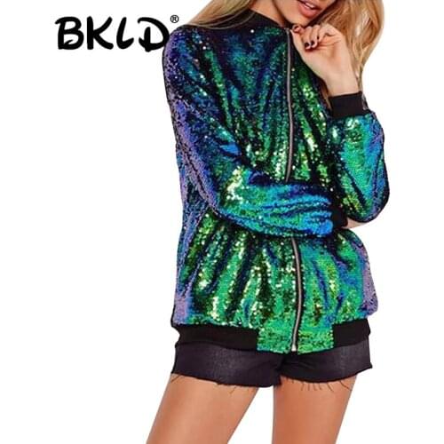 BKLD 2018 Autumn Women Sequins Jacket Coat Green Bomber Jacket Long Sleeve Zipper Streetwear Loose Casual Outwear Women Clothes