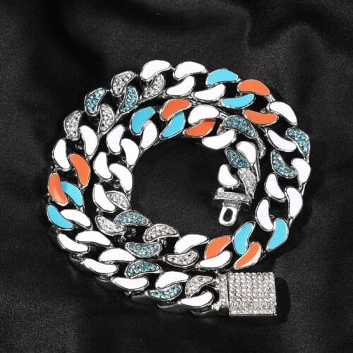 Hip Hop Rhinestones Paved Bling Iced Out 14MM Dripping Oil Round Cuban Miami Link Chain Necklaces for Men Rapper Jewelry