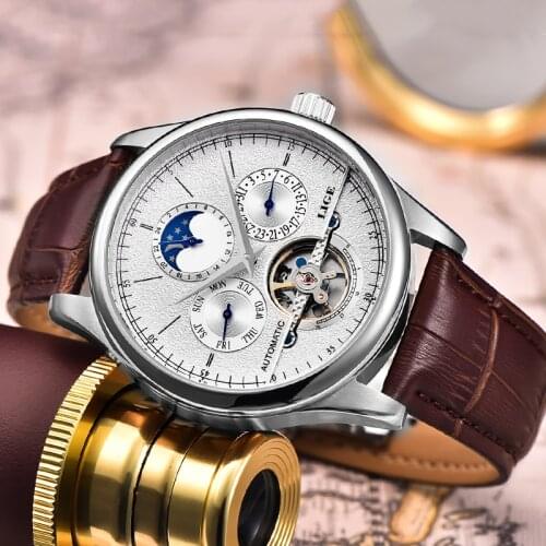 LIGE Mens Watches Top Brand Luxury Automatic Mechanical Watch Tourbillon Clock Man Leather Watch Strap Waterproof Wristwatch