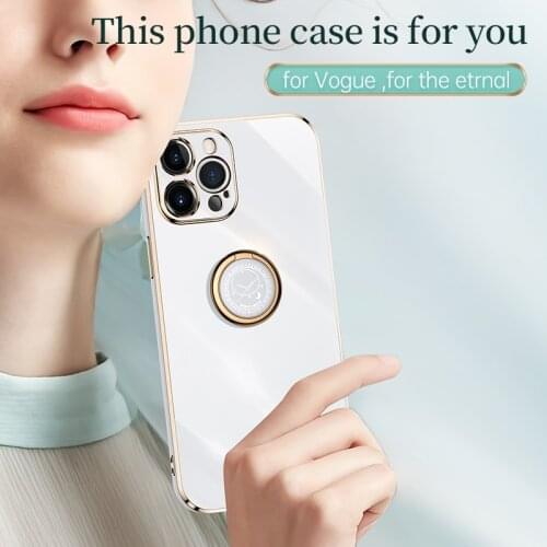 Square Plating Frame Phone Case For iPhone 11 Pro Max 12 mini xr xs max 6 7 8 plus Soft Silicone Ring Stand Holder Phone Cover