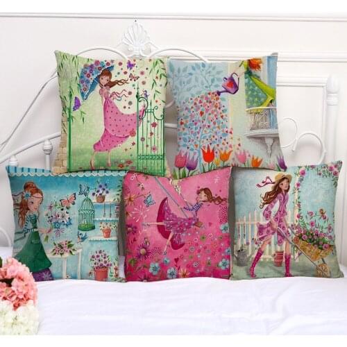 Decorative Pillow Case Cartoon Flower Girl Painting Pillowcase 17.5 Inches Cotton Linen Chair Seat Throw Pillow Cover C1046