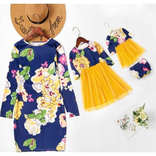 Children and mother flower printing net yarn stitching womens mother parent-child wear